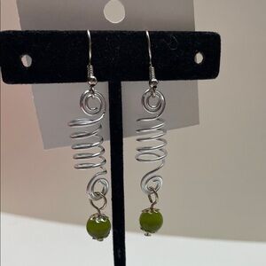 Silver Coil Earrings with Green Gemstone Accents